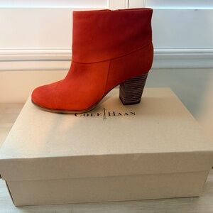 Cole Haan Orange Suede Block Heel Ankle Boot